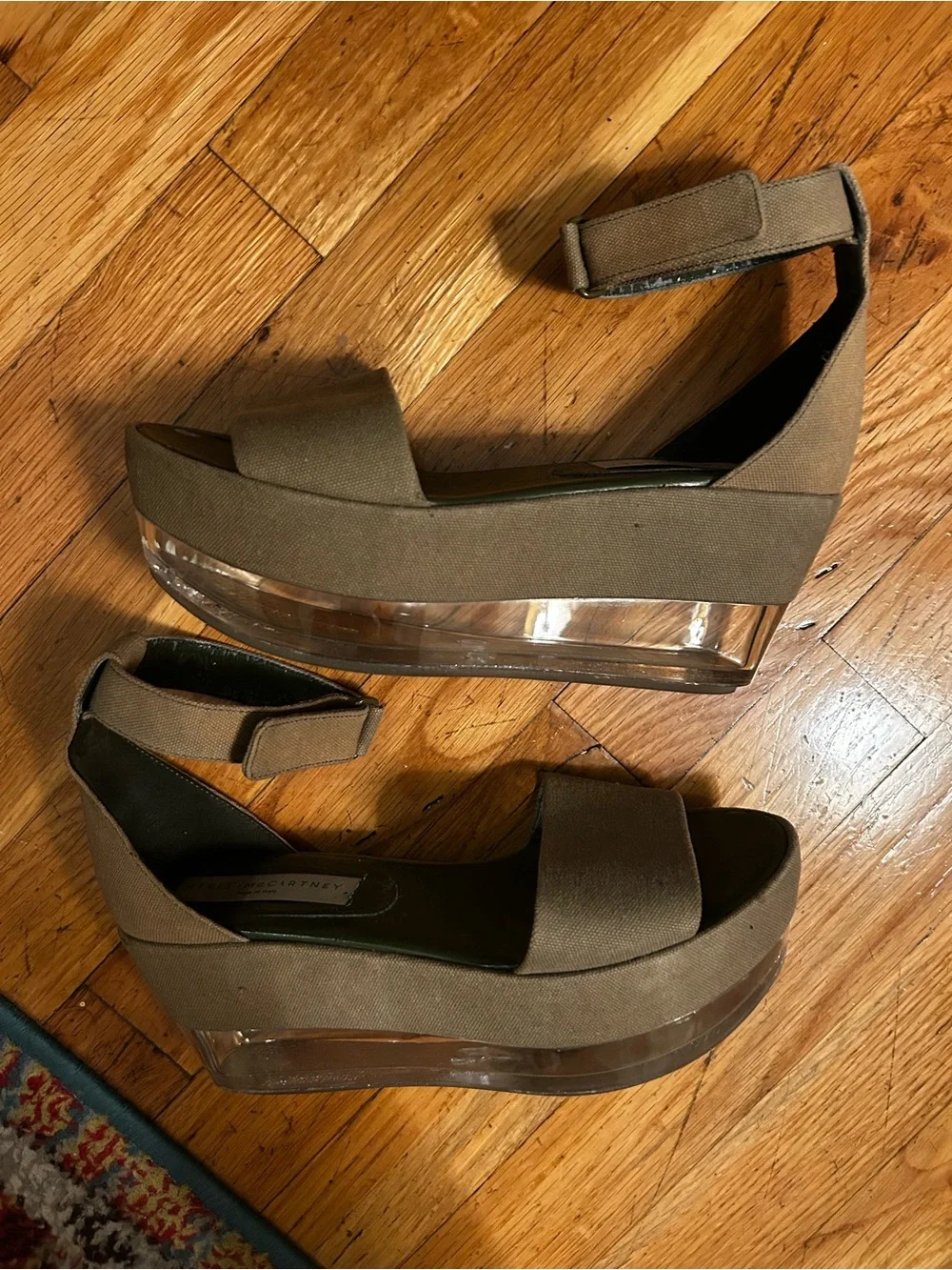 Stella McCartney Olive Canvas Platform Sandals with Clear Wedge
